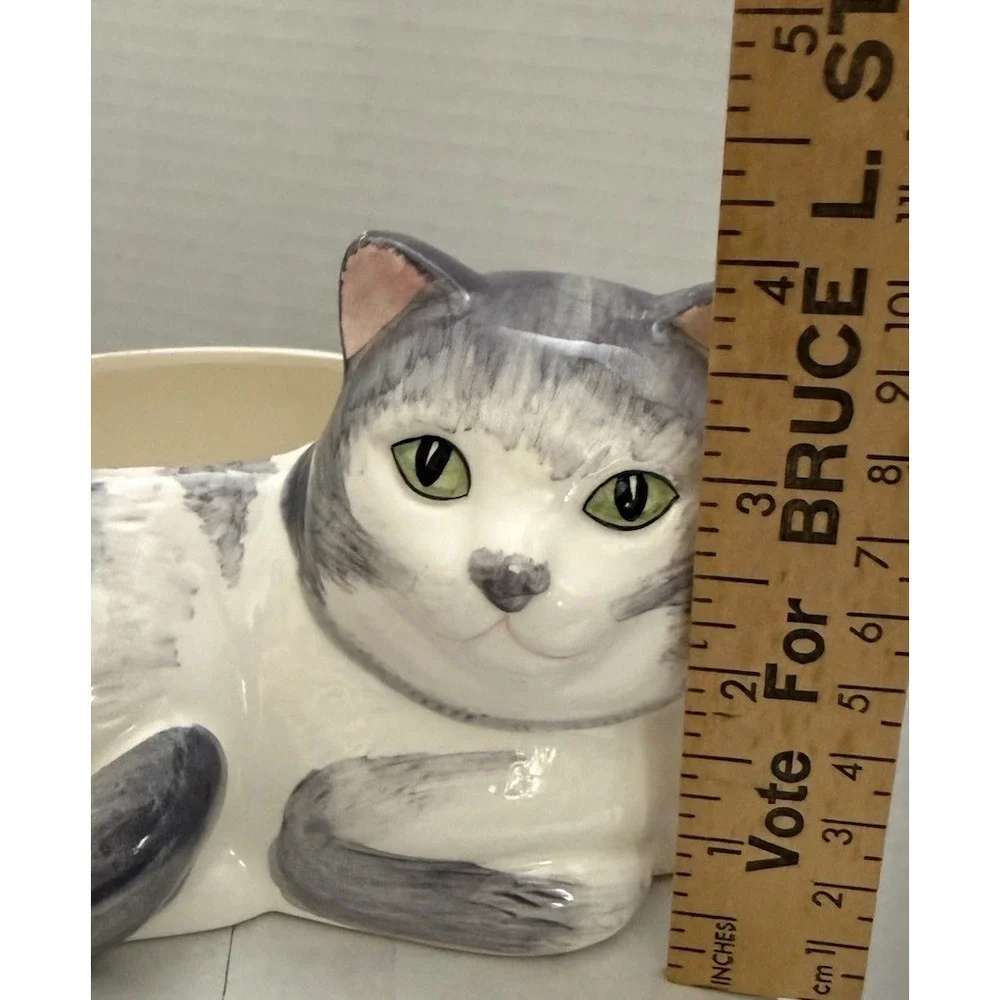 Ceramic Gray & White Cat Planter | Figural Cat Lover Decor | 7